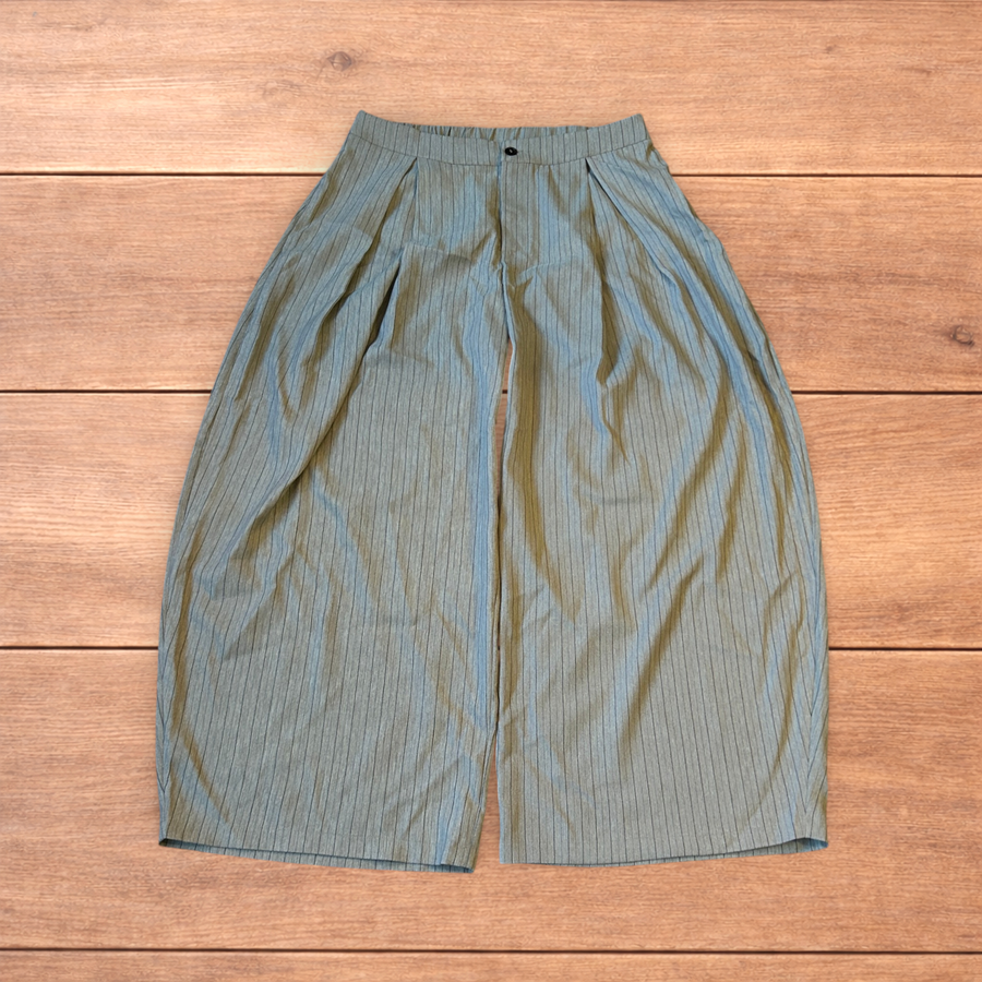 Vintage style grey pinstripe baggy super wide leg tailored trousers with black button waist closure.
