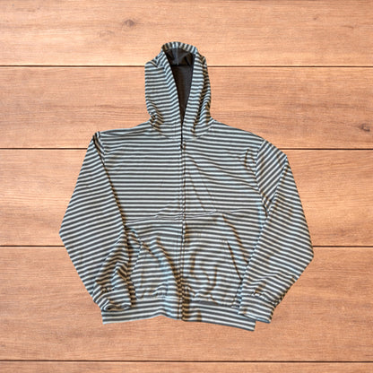 Baggy striped zip-up hoodie jumper in grey and white with hood, elasticated cuffs, front pockets and full zip closure.
