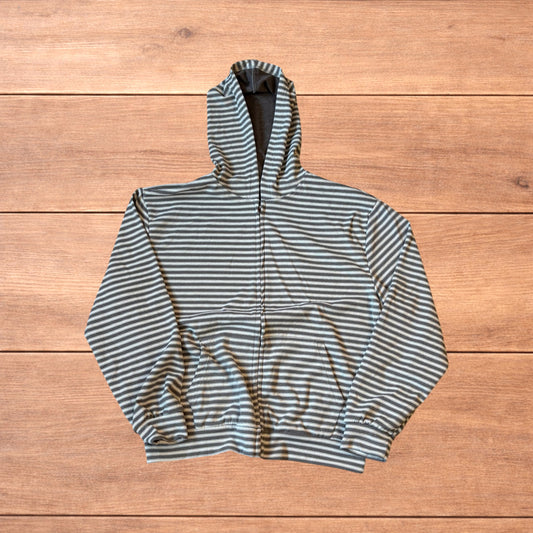 Baggy striped zip-up hoodie jumper in grey and white with hood, elasticated cuffs, front pockets and full zip closure.