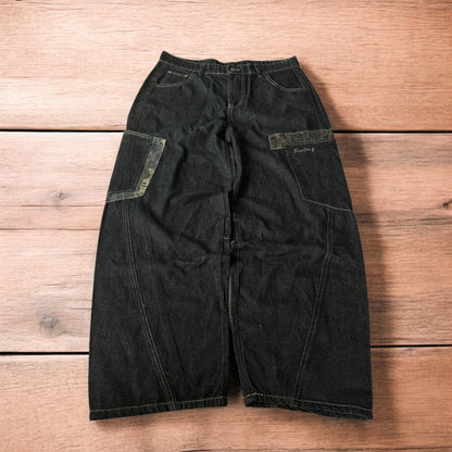 Incredible vintage style baggy wide leg skater fit jeans with leopard print in dark blue.