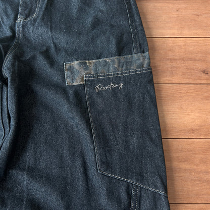 Incredible vintage style baggy wide leg skater fit jeans with leopard print in dark blue.