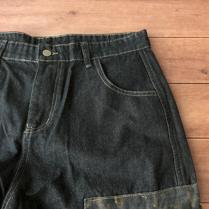 Incredible vintage style baggy wide leg skater fit jeans with leopard print in dark blue.