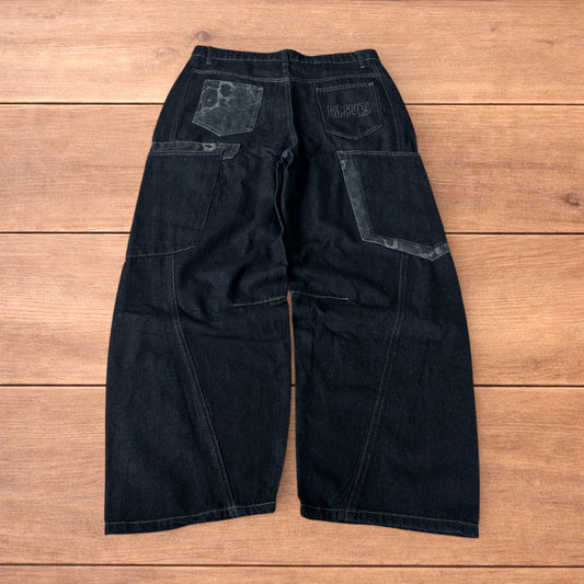 Incredible vintage style baggy wide leg skater fit jeans with leopard print in dark blue.