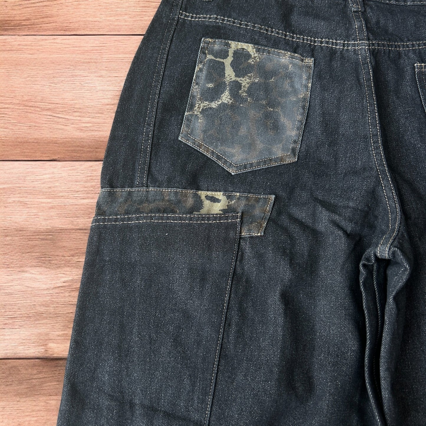 Incredible vintage style baggy wide leg skater fit jeans with leopard print in dark blue.
