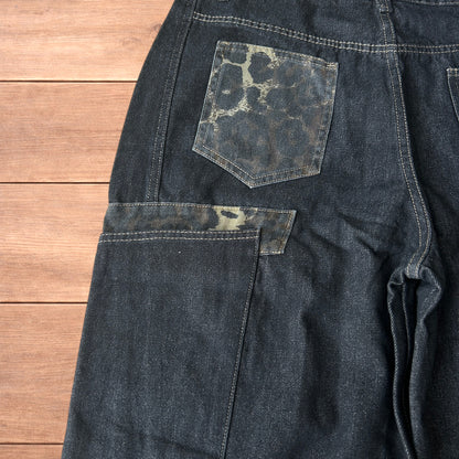 Incredible vintage style baggy wide leg skater fit jeans with leopard print in dark blue.