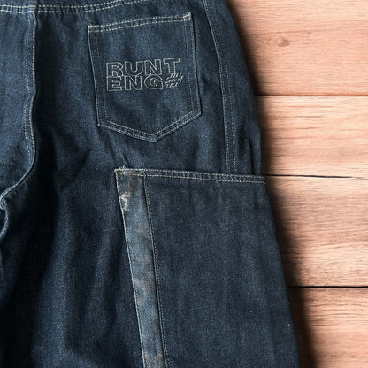 Incredible vintage style baggy wide leg skater fit jeans with leopard print in dark blue.