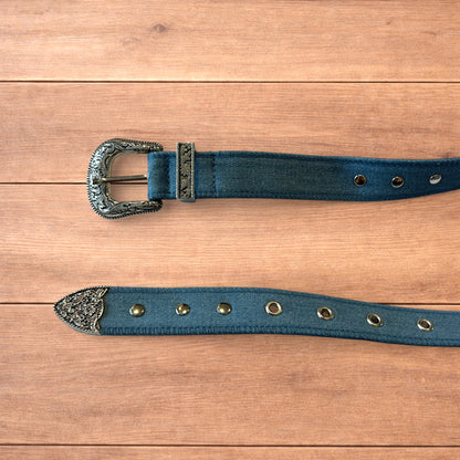 Lovely vintage style boho denim belt in blue with silver buckle.