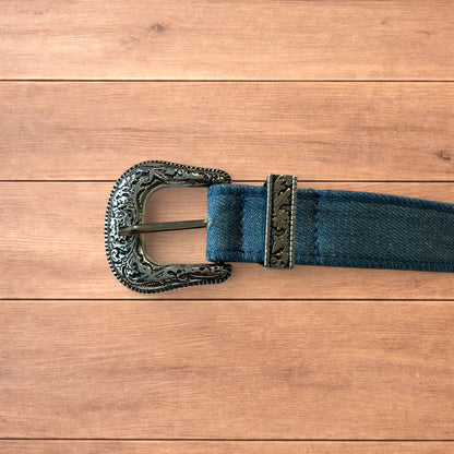 Lovely vintage style boho denim belt in blue with silver buckle.