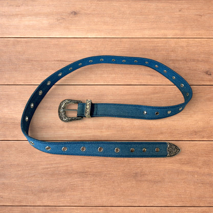 Lovely vintage style boho denim belt in blue with silver buckle.