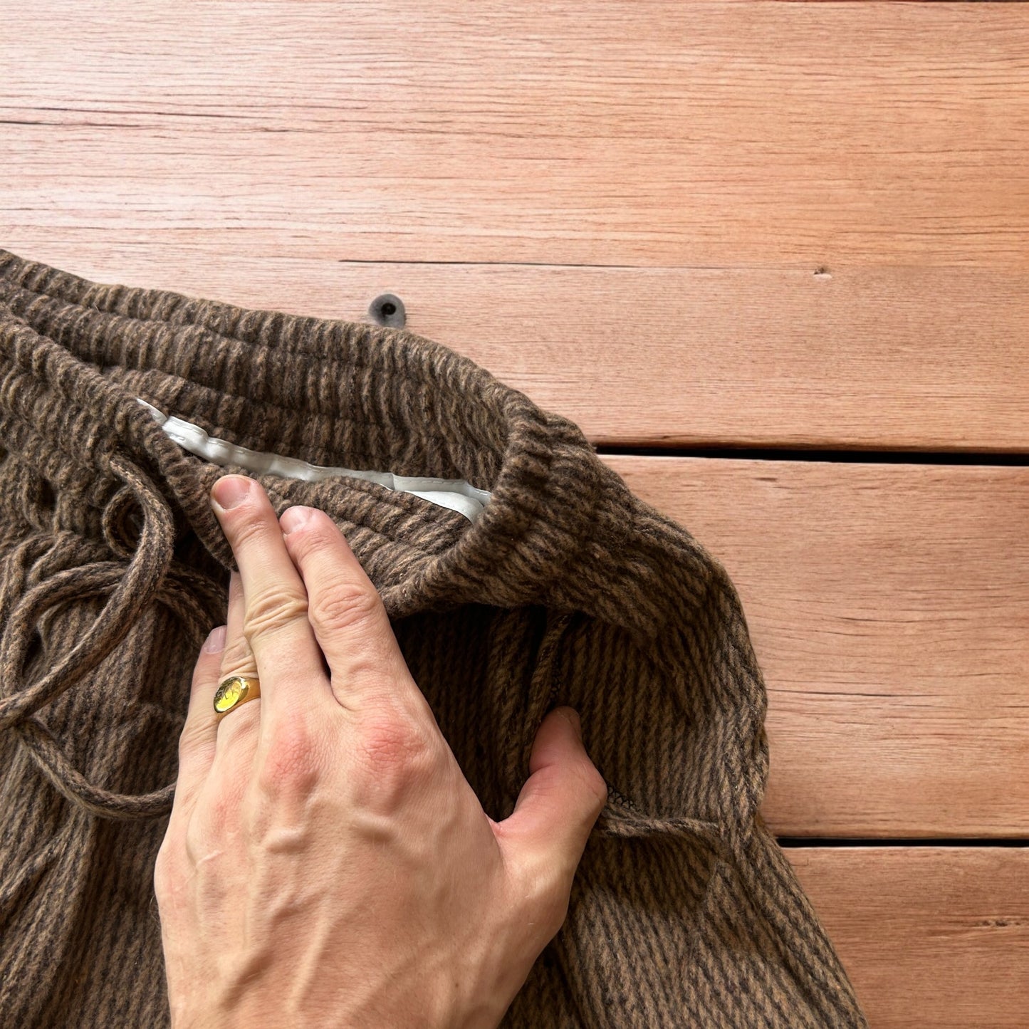 Lovely baggy wide leg woolly lounge pants joggers with stripes in brown.