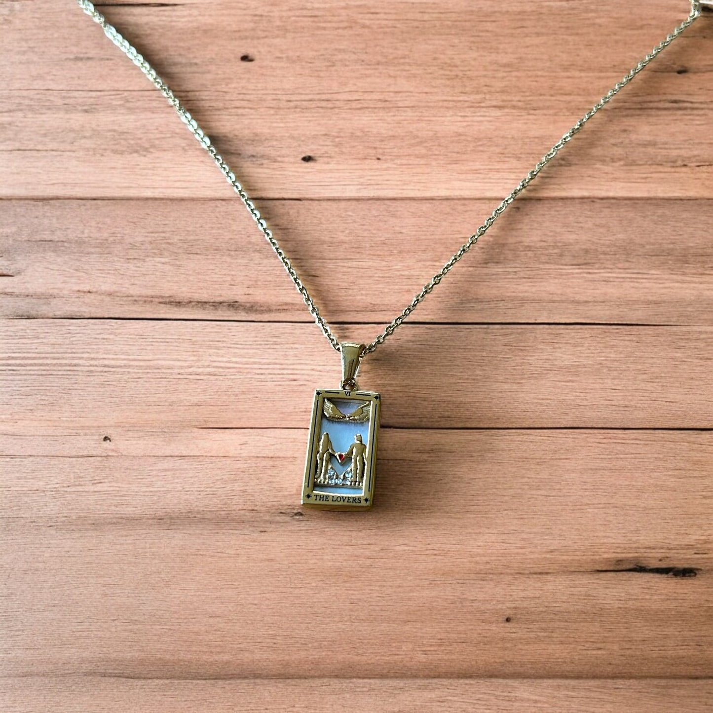 Lovely gold stainless steel pendant necklace of the lovers couple tarot .