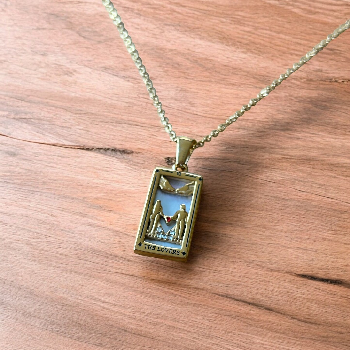 Lovely gold stainless steel pendant necklace of the lovers couple tarot .