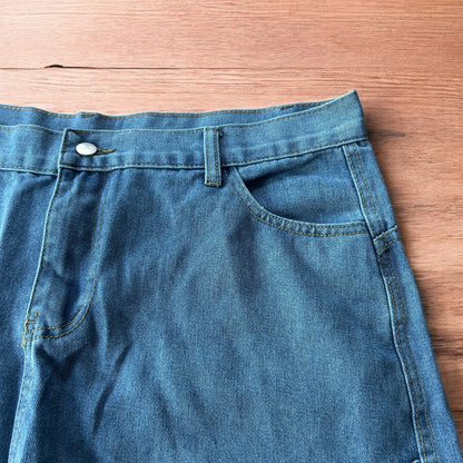 Vintage style baggy wide leg skater fit jorts shorts with leopard print in mid blue.