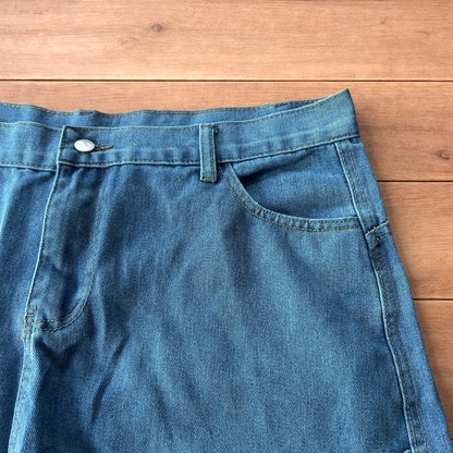 Vintage style baggy wide leg skater fit jorts shorts with leopard print in mid blue.
