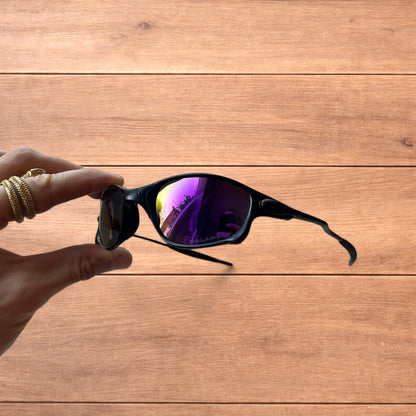 Insane metal frame polarised sunglasses in black frame purple lense.