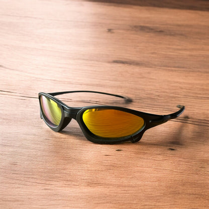 Insane polarised sunglasses in black with orange reflective lense. One size.