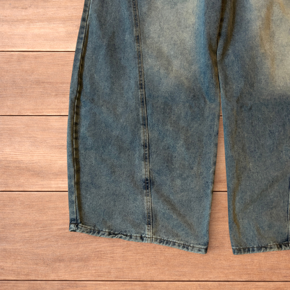 Incredible vintage style baggy wide leg skater fit jeans with fade in light blue.