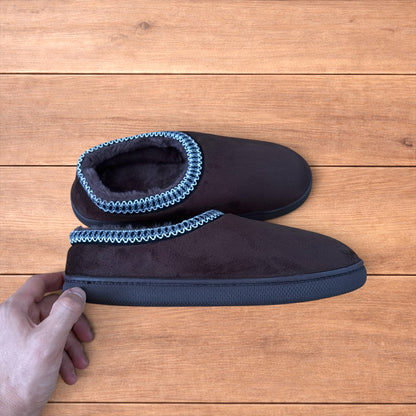 Brown faux suede mules clogs shoes with faux fur lining and rubber grippy sole