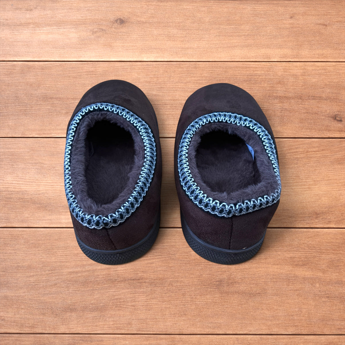 Brown faux suede mules clogs shoes with faux fur lining and rubber grippy sole