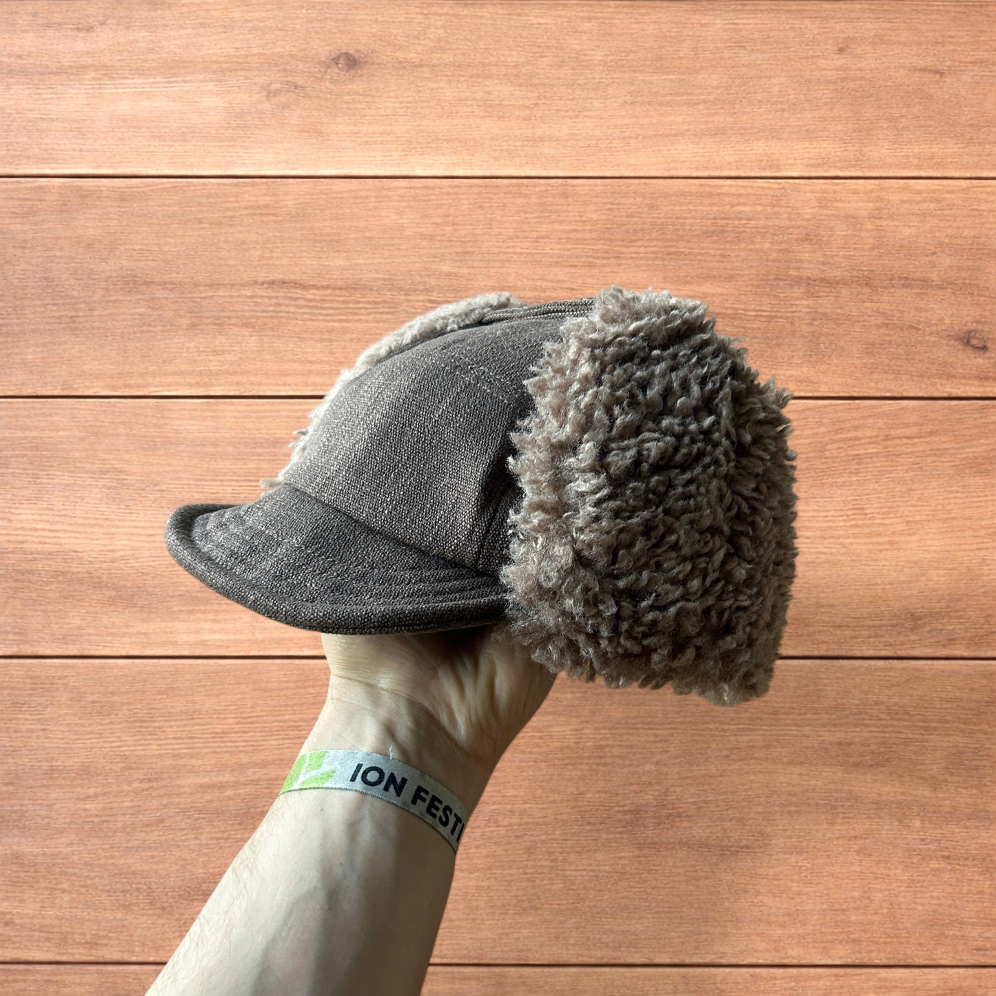 Fluffy Woolen padded trapper deer stalker hat cap in brown.