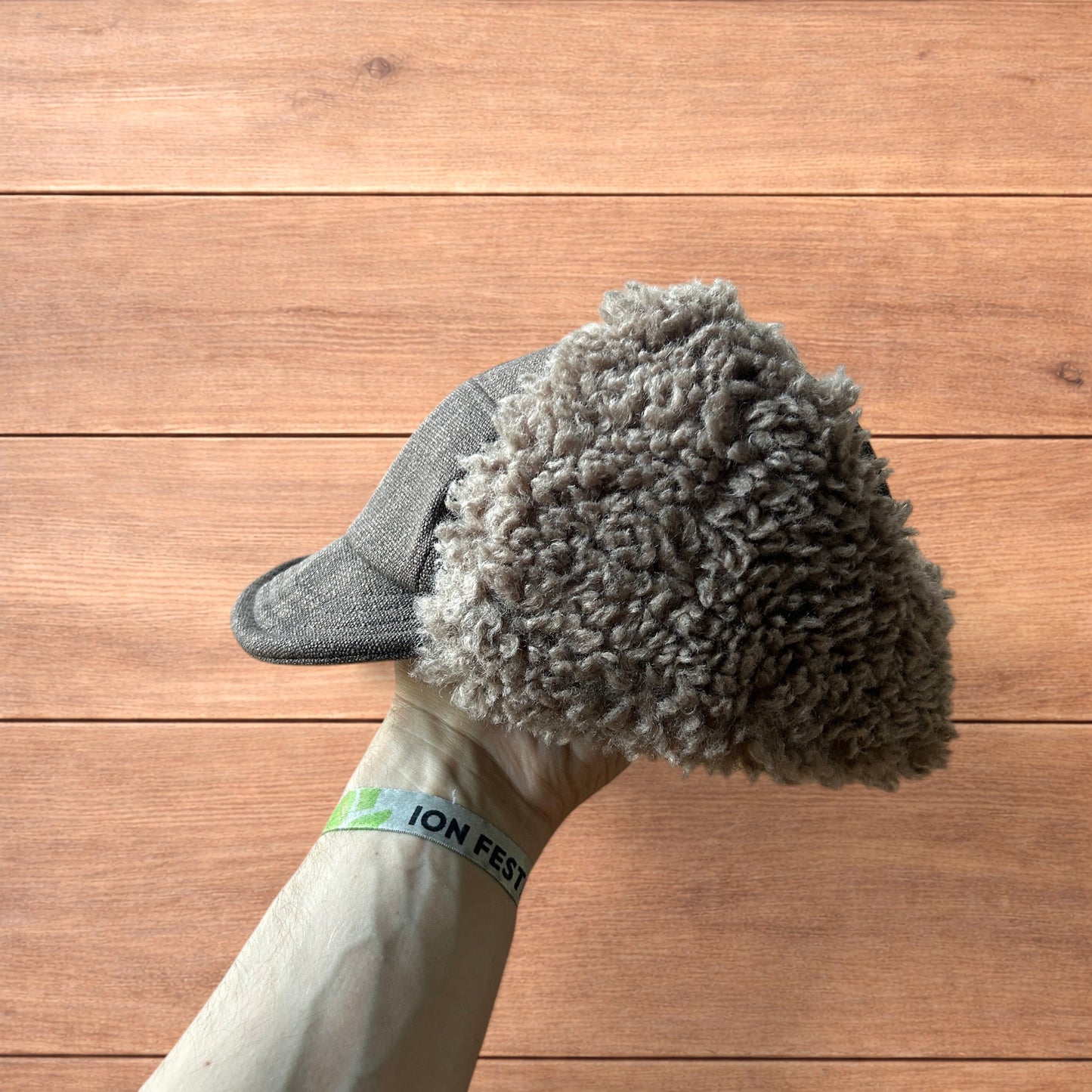Fluffy Woolen padded trapper deer stalker hat cap in brown.