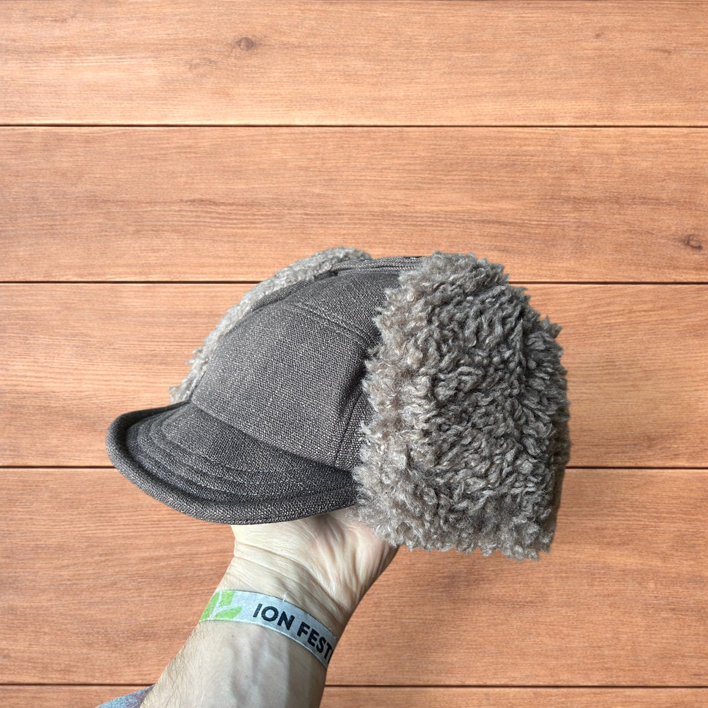 Fluffy Woolen padded trapper deer stalker hat cap in brown.