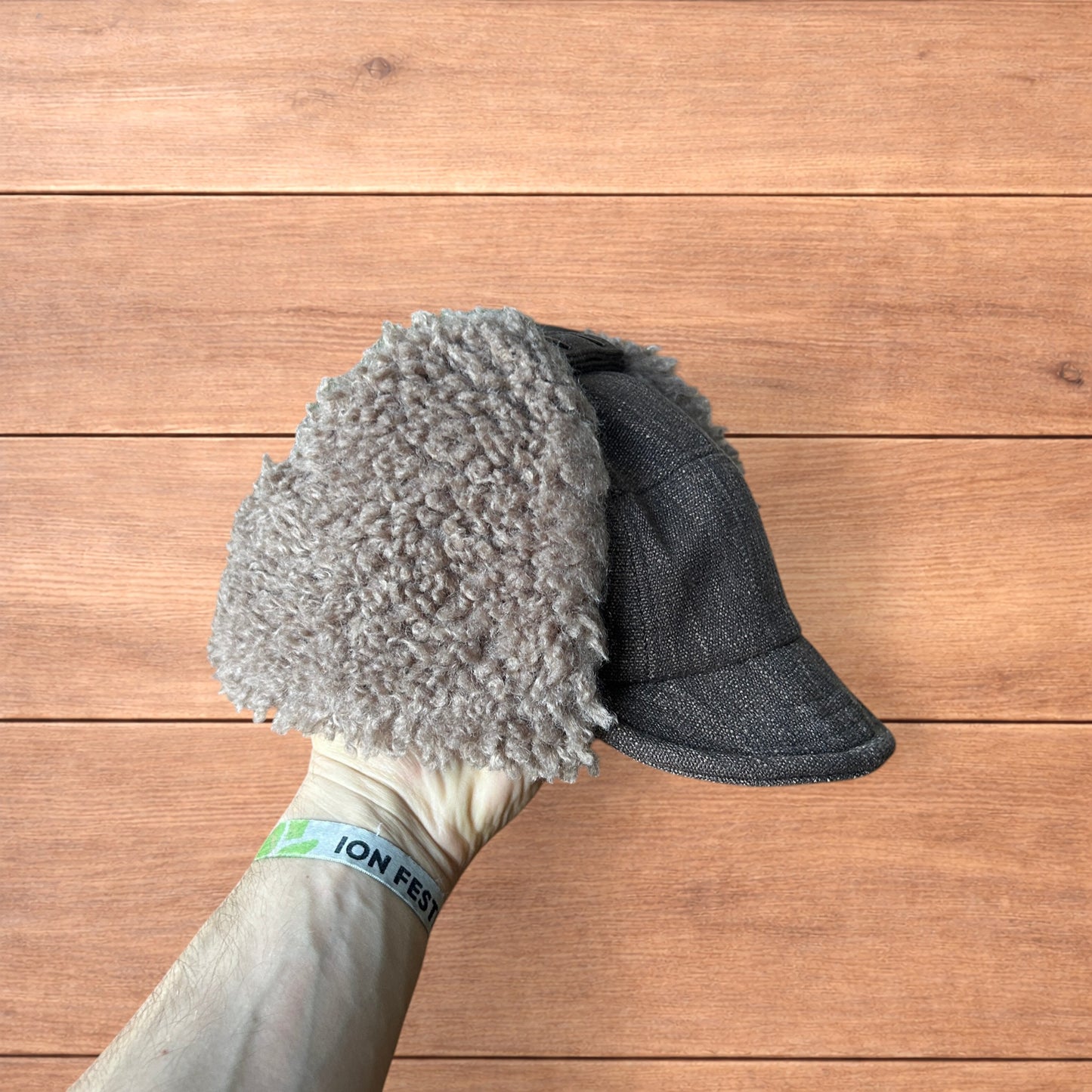 Fluffy Woolen padded trapper deer stalker hat cap in brown.