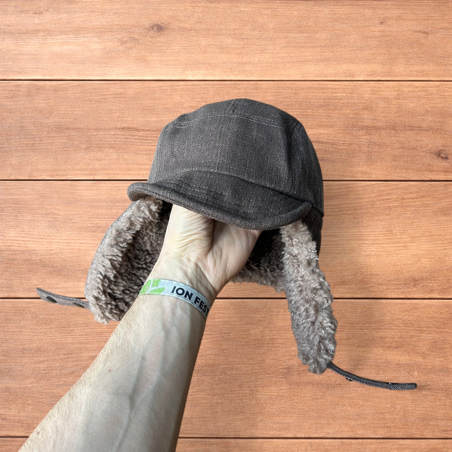 Fluffy Woolen padded trapper deer stalker hat cap in brown.