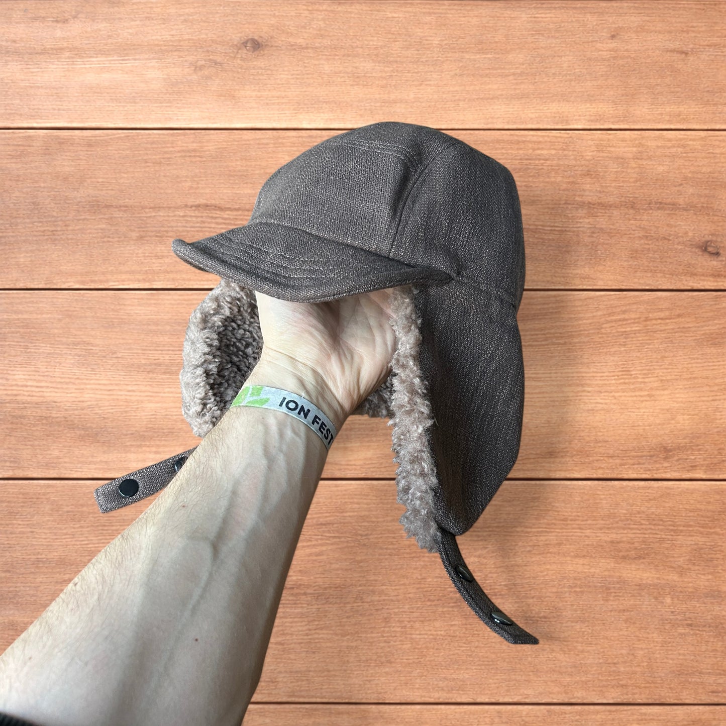Fluffy Woolen padded trapper deer stalker hat cap in brown.