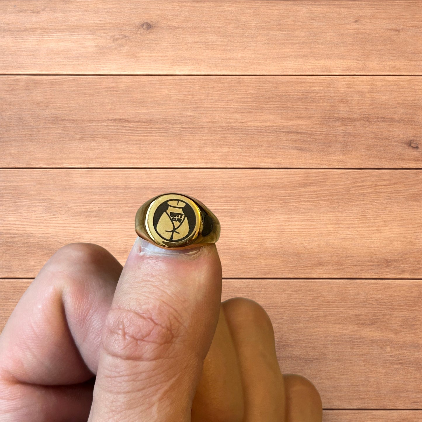 Lovely stainless steel gold Butt Club women figure signet ring.