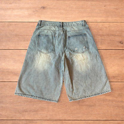 Vintage style baggy wide leg denim shorts jorts with fade in light blue.