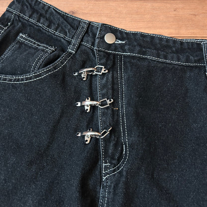 Vintage style baggy wide leg denim shorts jorts with buckles in black.