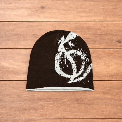 Cool Japanese vintage style beanie hat in brown with graphic design.