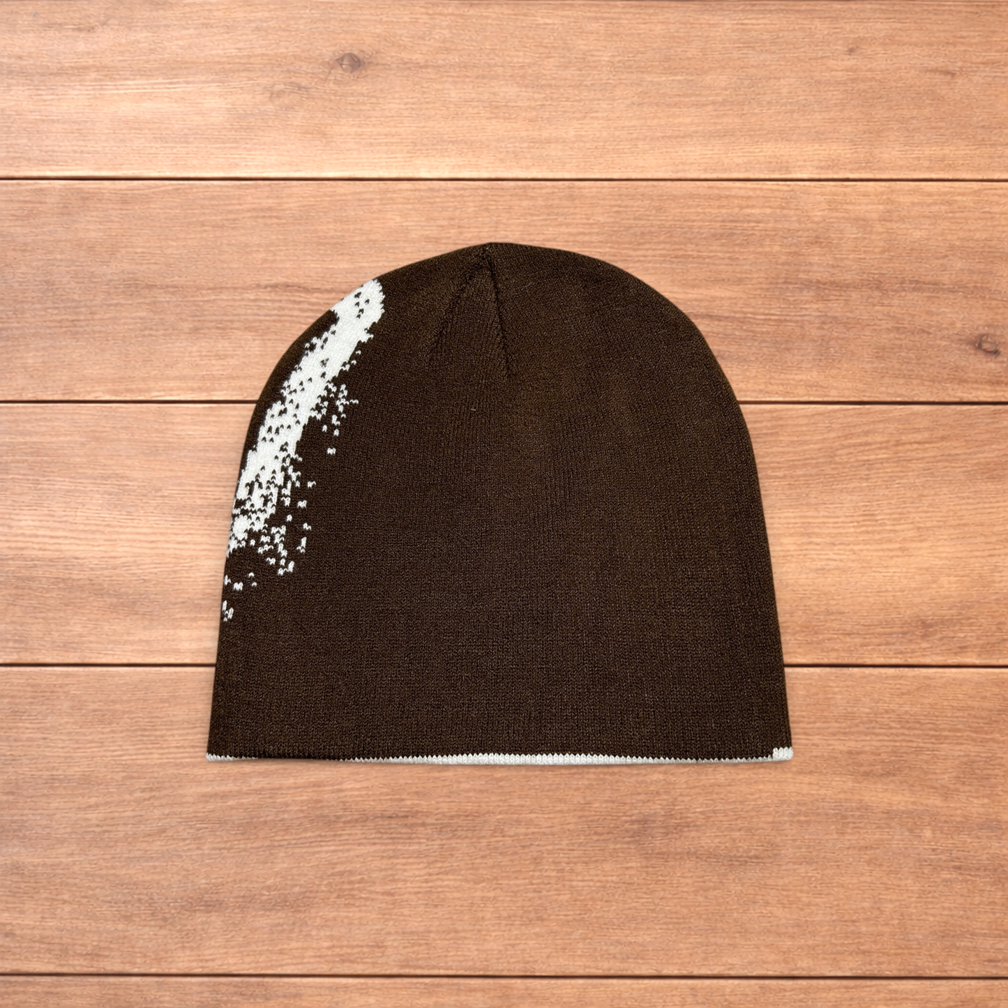 Cool Japanese vintage style beanie hat in brown with graphic design.