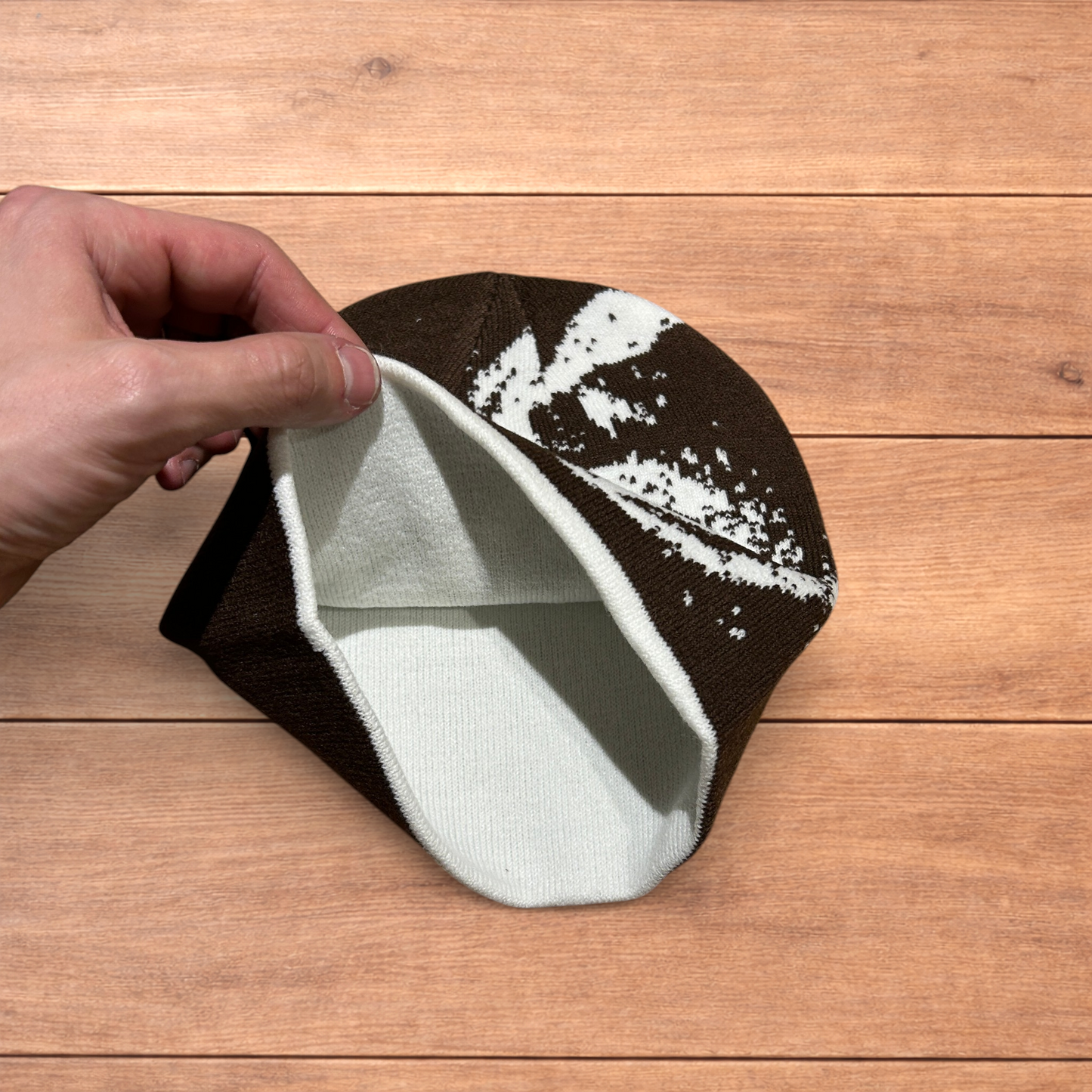 Cool Japanese vintage style beanie hat in brown with graphic design.