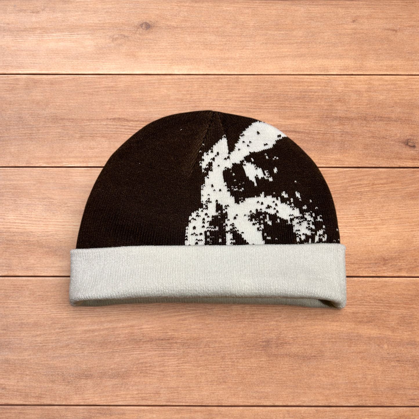 Cool Japanese vintage style beanie hat in brown with graphic design.