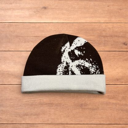 Cool Japanese vintage style beanie hat in brown with graphic design.