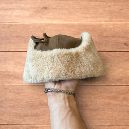 Russian ushanka trapper ear flap winter hat in brown/beige colour way.