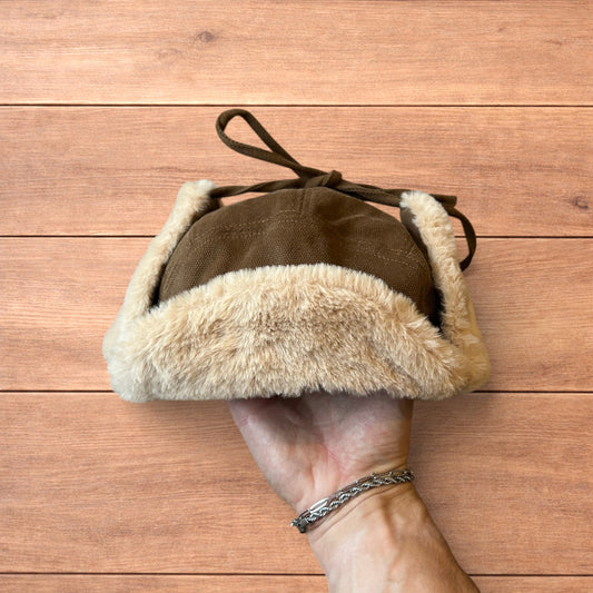 Russian ushanka trapper ear flap winter hat in brown/beige colour way.