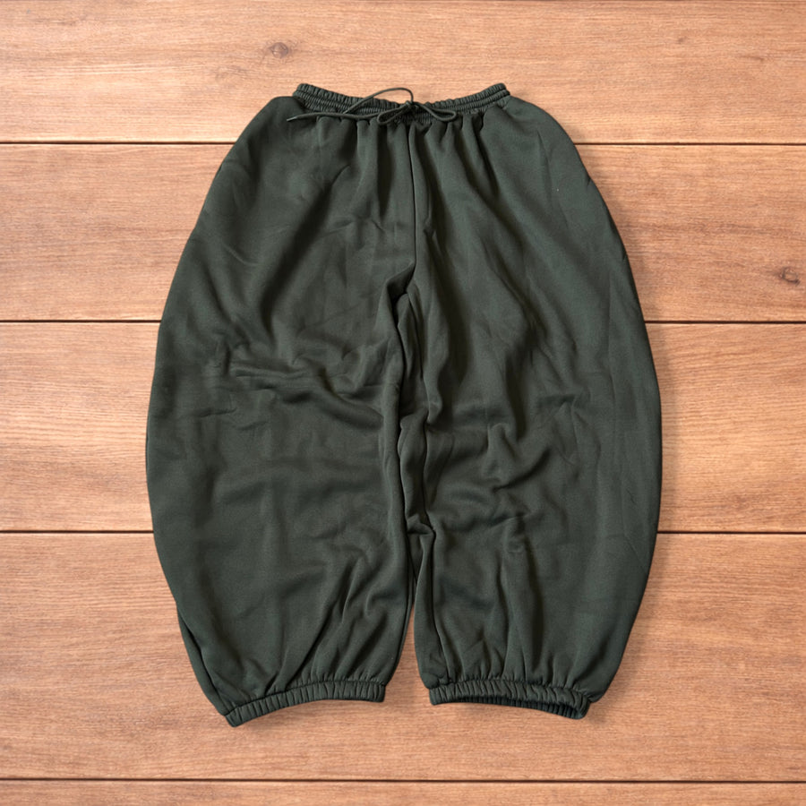 Khaki green super baggy wide leg Korean joggers laid flat showing front, back, waist and cuff details.
