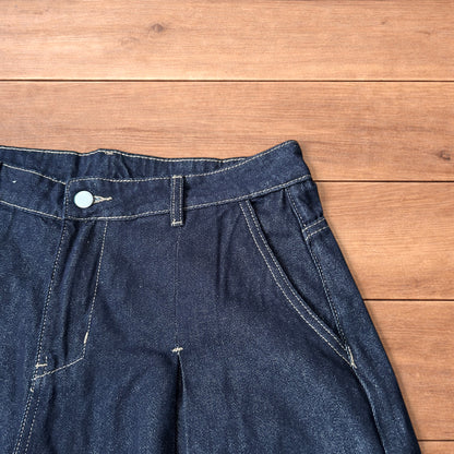 Super baggy wide leg raw denim style 3/4 shorts jorts in dark indigo blue.