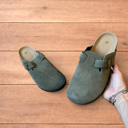 Lovely suede mules clogs shoes in khaki green.