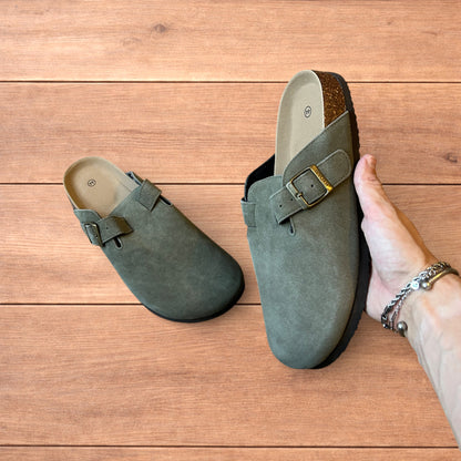 Lovely suede mules clogs shoes in khaki green.