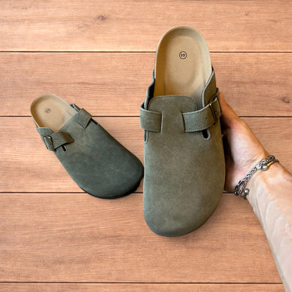 Lovely suede mules clogs shoes in khaki green.