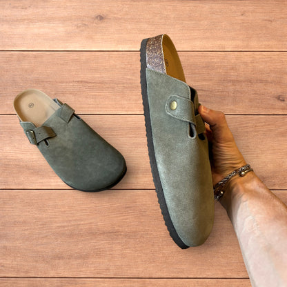 Lovely suede mules clogs shoes in khaki green.