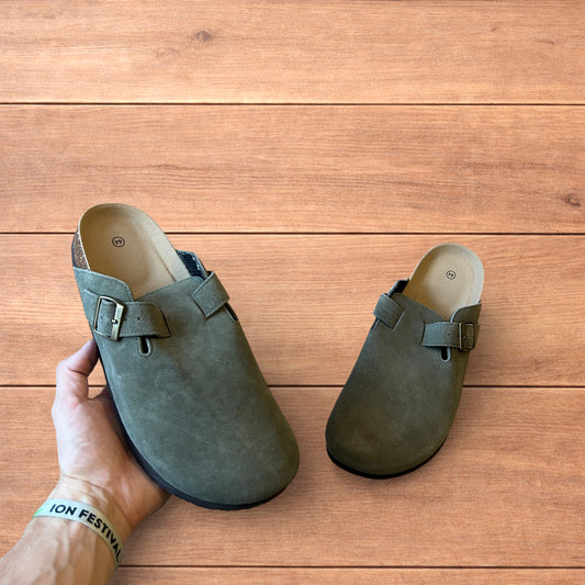 Lovely suede mules clogs shoes in khaki green.