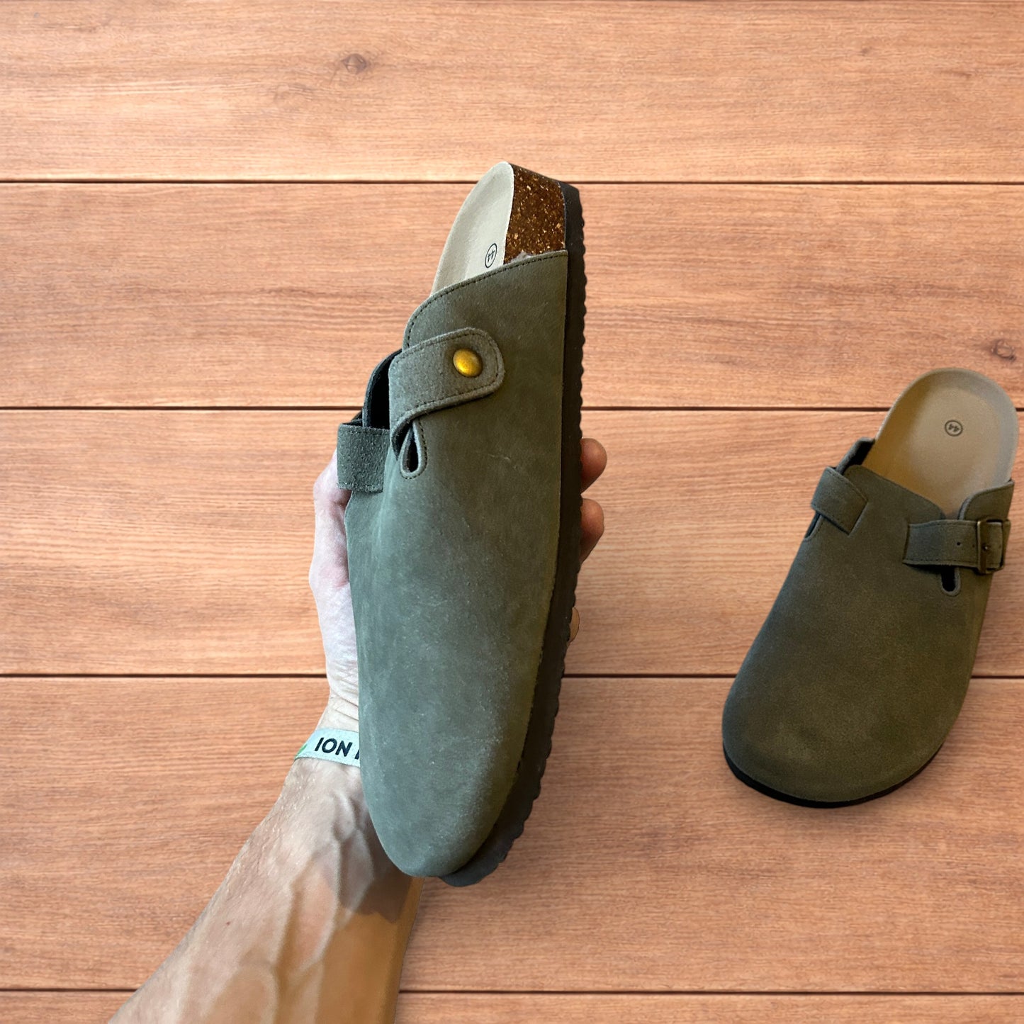 Lovely suede mules clogs shoes in khaki green.