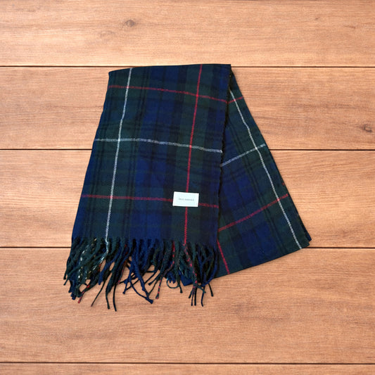 Tartan plaid cashmere scarf in dark green and navy.