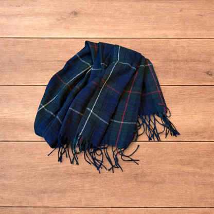 Tartan plaid cashmere scarf in dark green and navy.