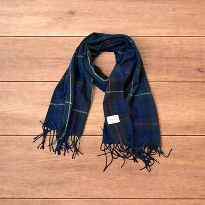 Tartan plaid cashmere scarf in dark green and navy.